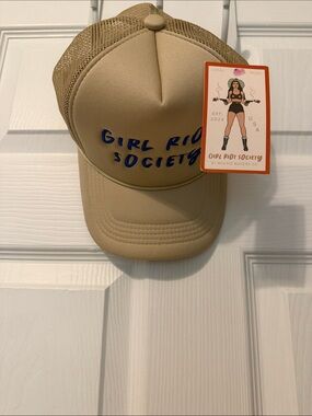 riot society Tan Trucker Hat with Blue Logo Text